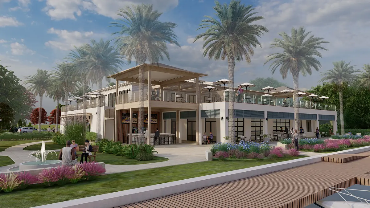 Exterior view of a two-story building with palm trees, terrace, fountain, and landscaped garden.