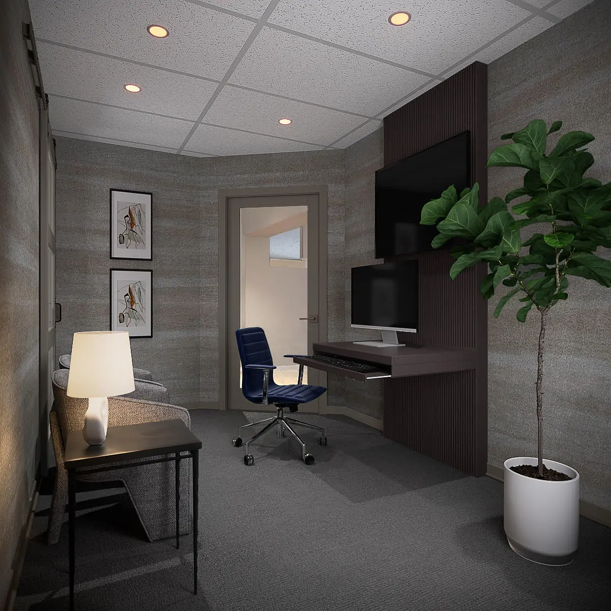 Office with desk, computer monitor, chair, armchair, side table, plant, and framed artworks on textured walls.