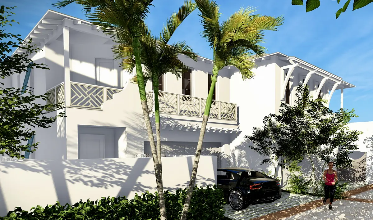 Exterior front view of a house with balcony, large windows, palm trees, and a black car.