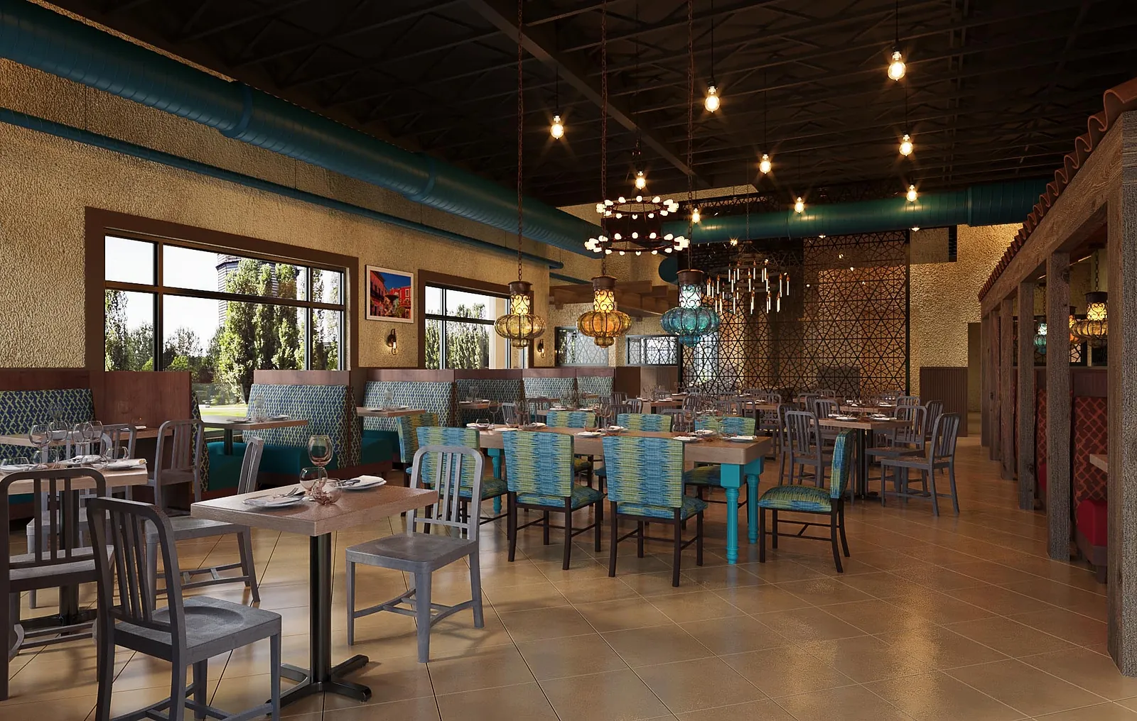 Dining room with wood tables, colorful chairs, pendant lights, textured walls, and large windows.