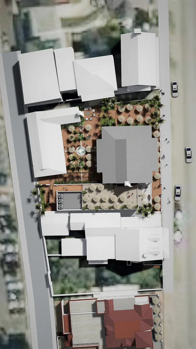 Exterior rear layout with buildings, patio, seating, and landscaping including palm trees and pathways.