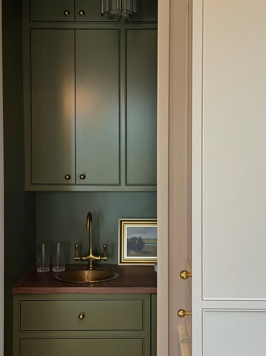 Powder room with olive green cabinetry, wooden countertop, round sink, and framed artwork.
