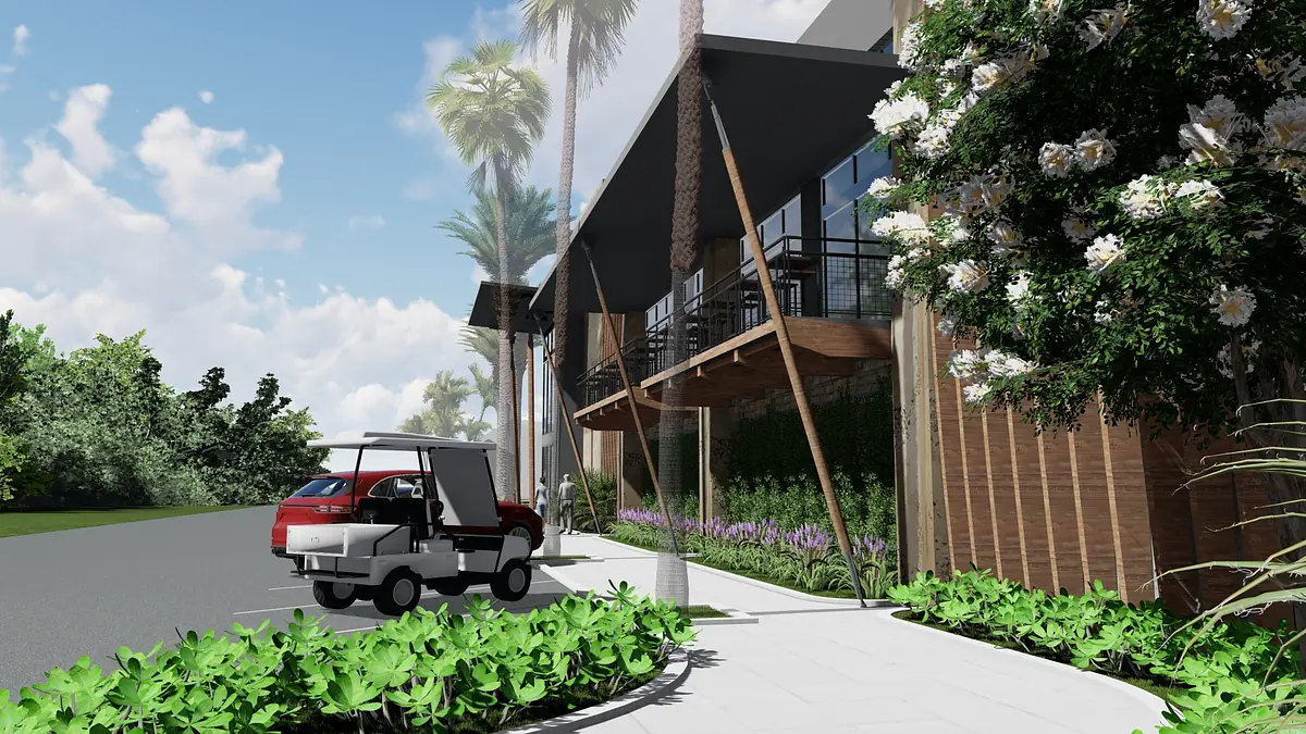 Exterior front view with modern structure, wooden paneling, awning, pathways, and greenery.