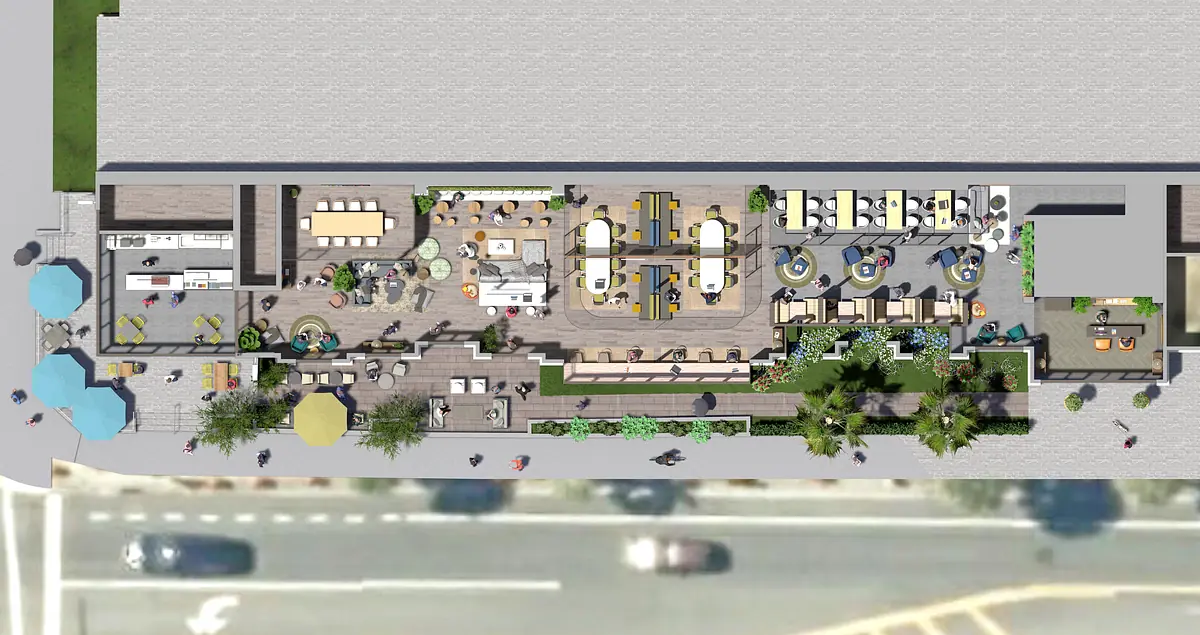 Outdoor space with dining tables, lounge areas, umbrellas, and potted plants in a mixed layout.