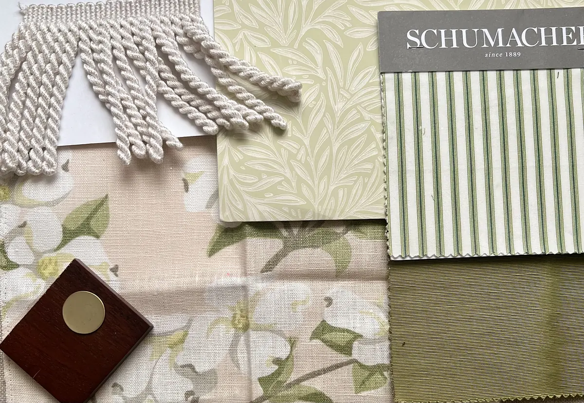Collection of fabric swatches and design samples including floral, striped, and textured materials.