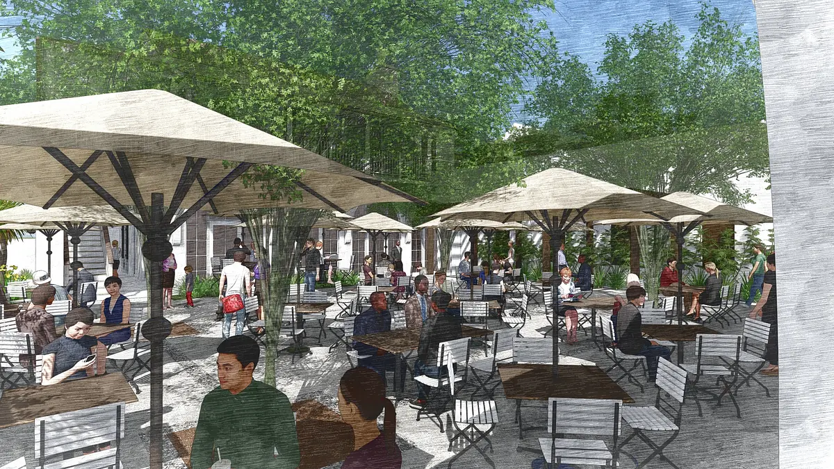 Outdoor patio with tables, chairs, umbrellas, and people seated among trees and plants.