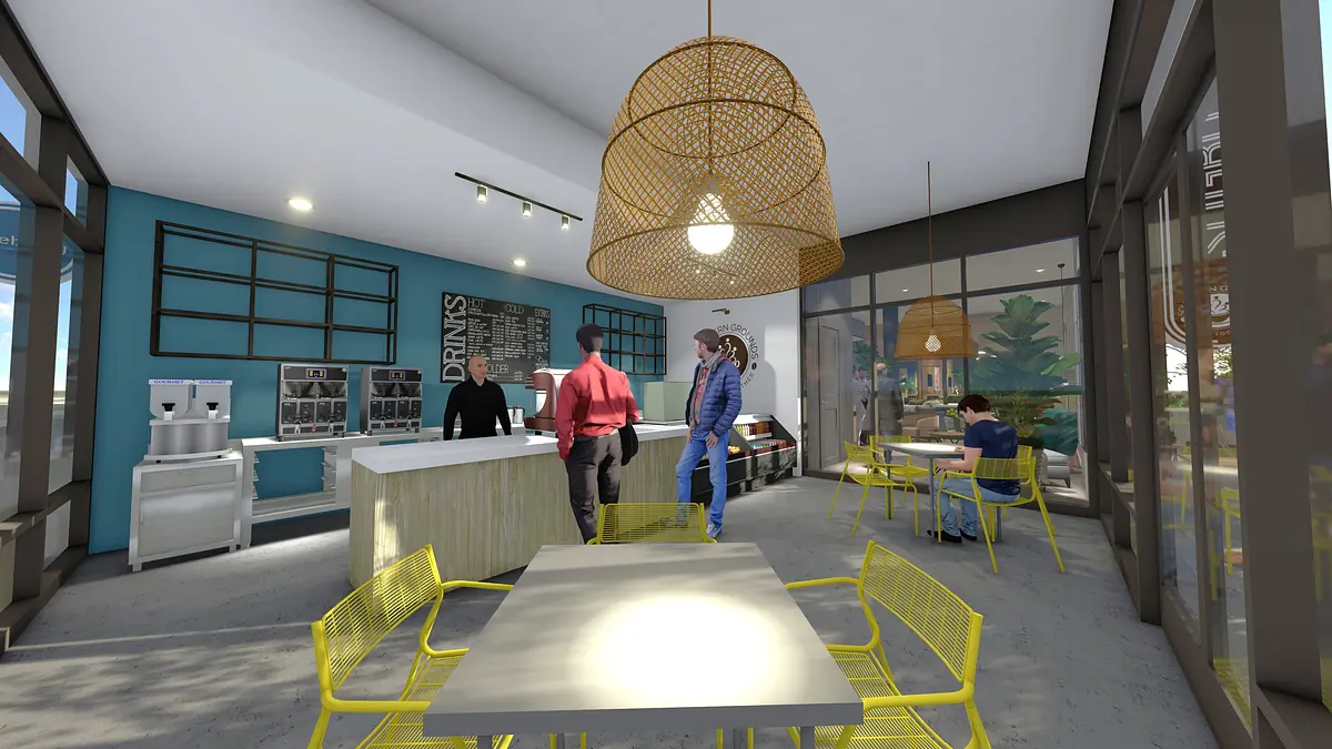 Café space with service counter, yellow chairs, and woven pendant light.
