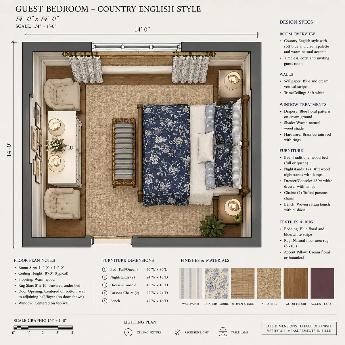 Guest bedroom with wooden bed, blue quilt, nightstands, chairs, and floral wallpaper