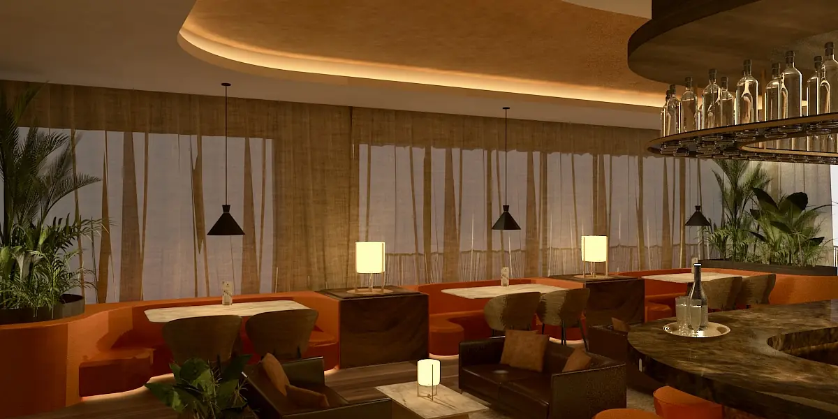 Dining room with brown chairs, white tables, curved bar counter, large windows, and potted plants.