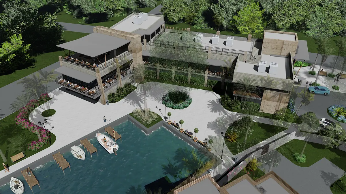 Outdoor area with swimming pool, boats, lounge spaces, landscaped gardens, and multi-level structures