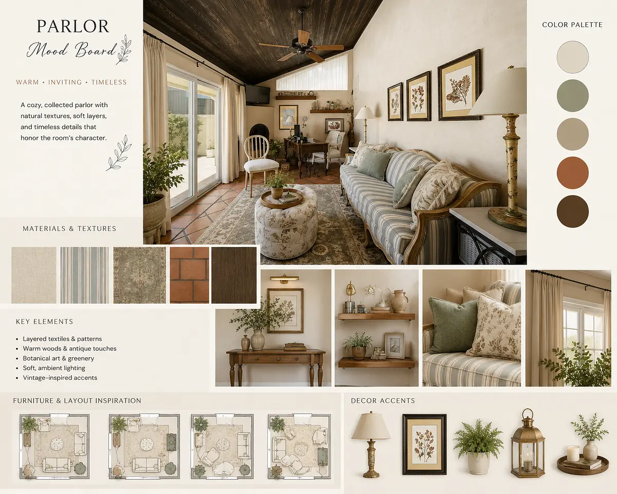 Parlor mood board with green and cream sofa, textured pillows, botanical prints, and layered textiles.