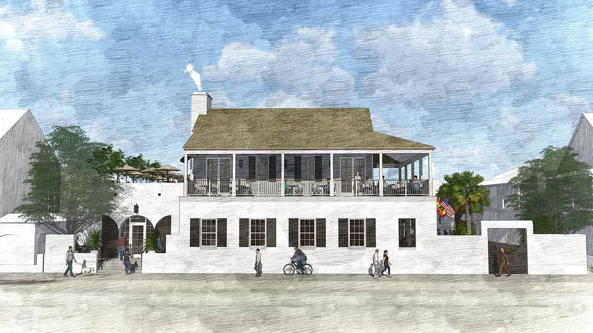 Exterior front view of a two-story house with white walls, thatched roof, porch, and pedestrians.