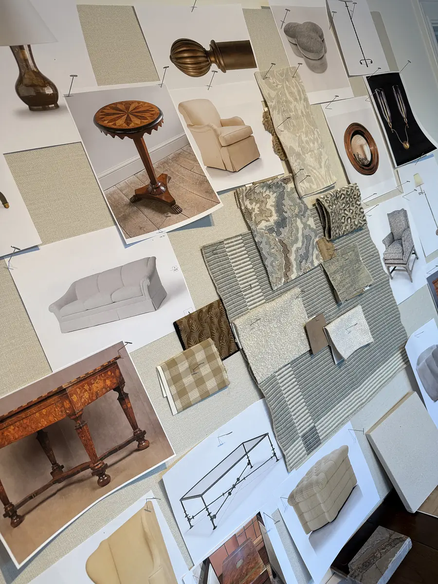 Design board with fabric swatches, furniture photos, and wood samples for interior design selection.