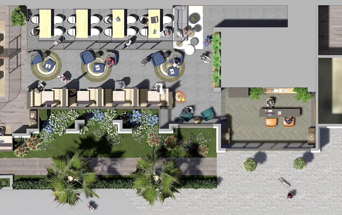 Patio area with tables, chairs, bar, lounge seating, and greenery.