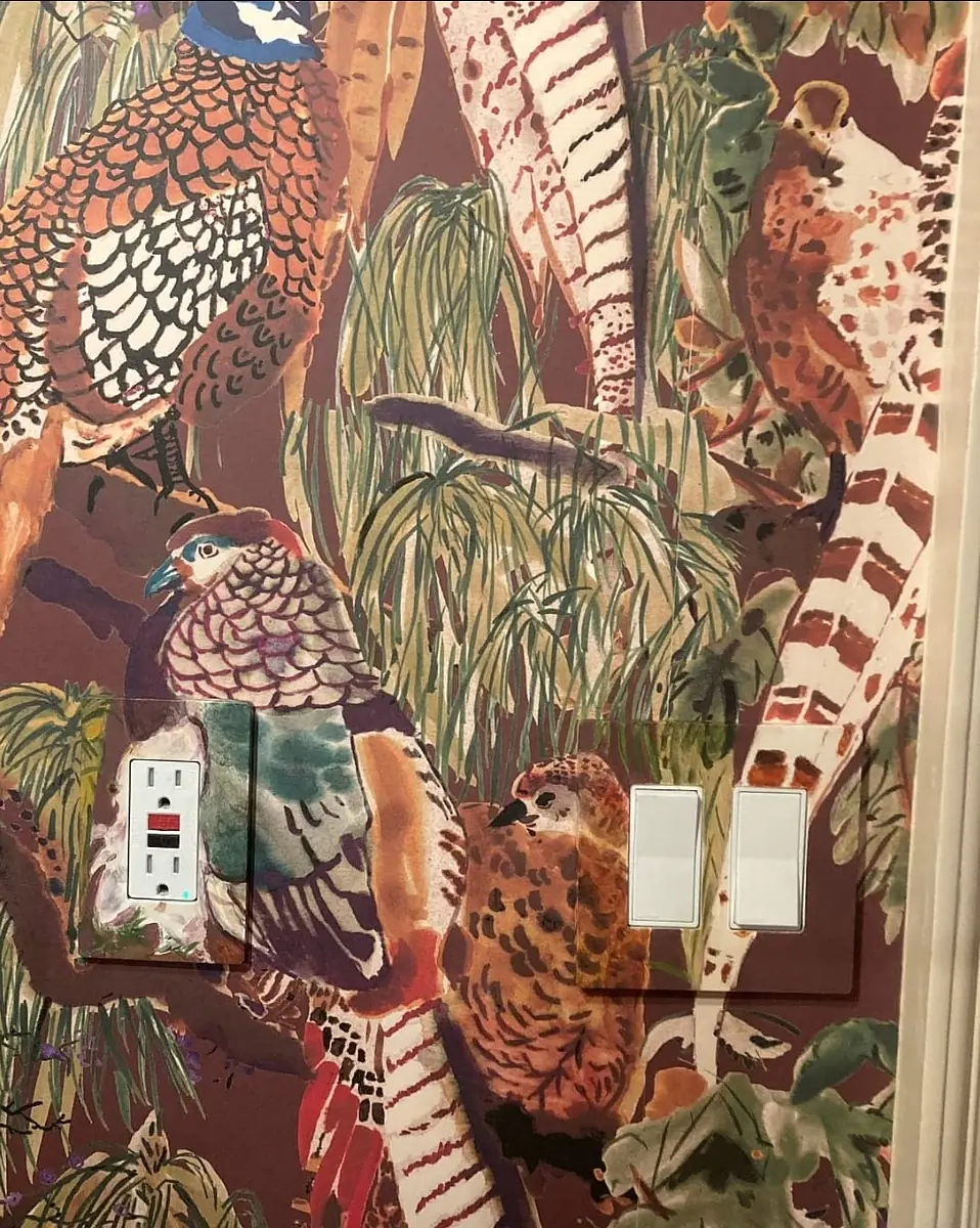Colorful wallpaper with birds and foliage patterns alongside electrical outlets and switches.