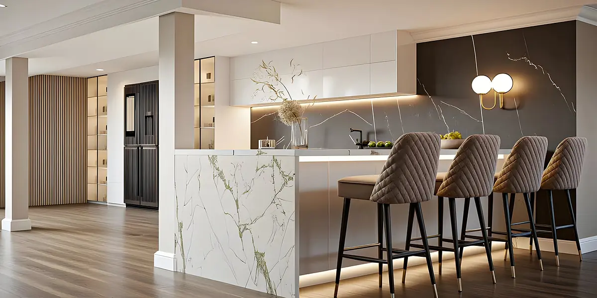 Kitchen with marble countertop, bar stools, black refrigerator, and dark backsplash in an open layout.