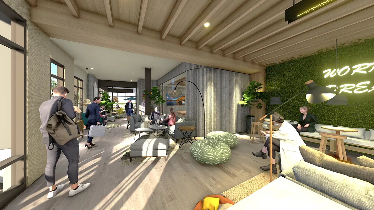 Living room area with sofas, chairs, coffee table, plants, large windows, and wooden beams.