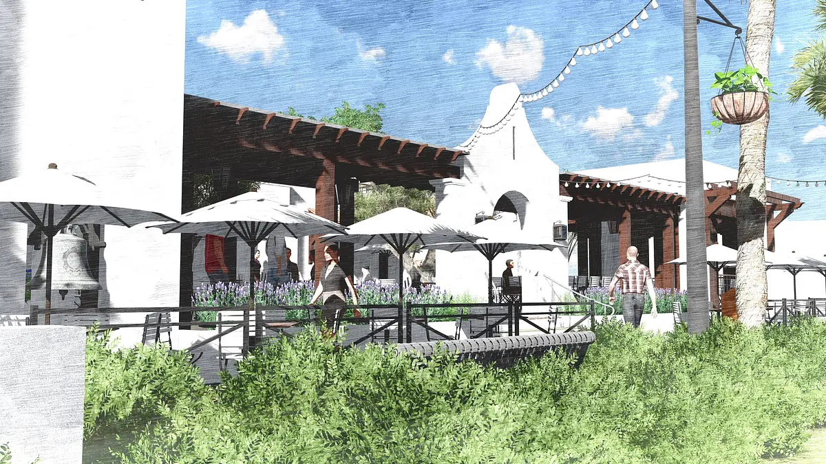 Exterior front area with wooden deck, white umbrellas, greenery, and a building facade with large windows.