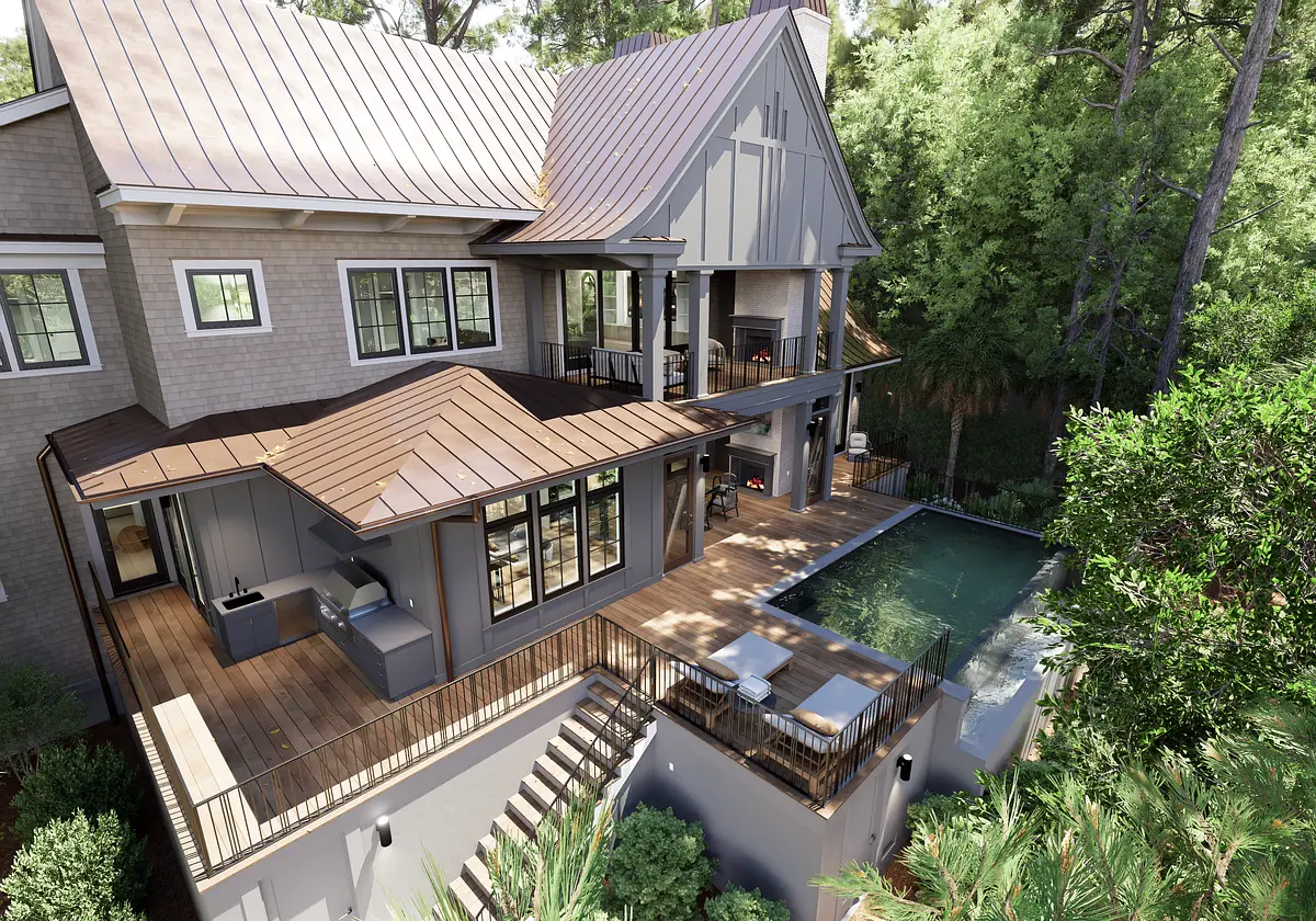 Exterior rear view with multi-level deck, swimming pool, lounge chairs, and stone fireplace surrounded by trees.