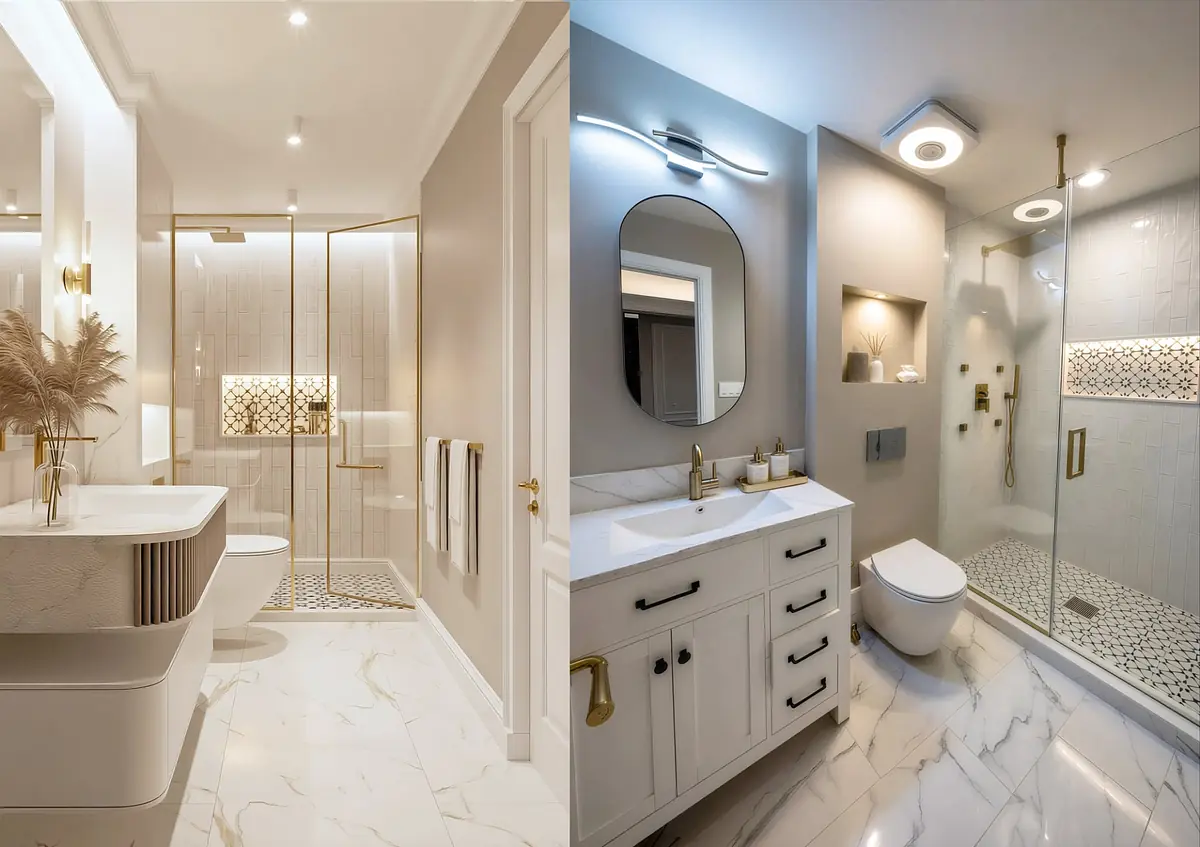 Bathroom with glass shower, white vanity, mirror, toilet, and marble flooring.