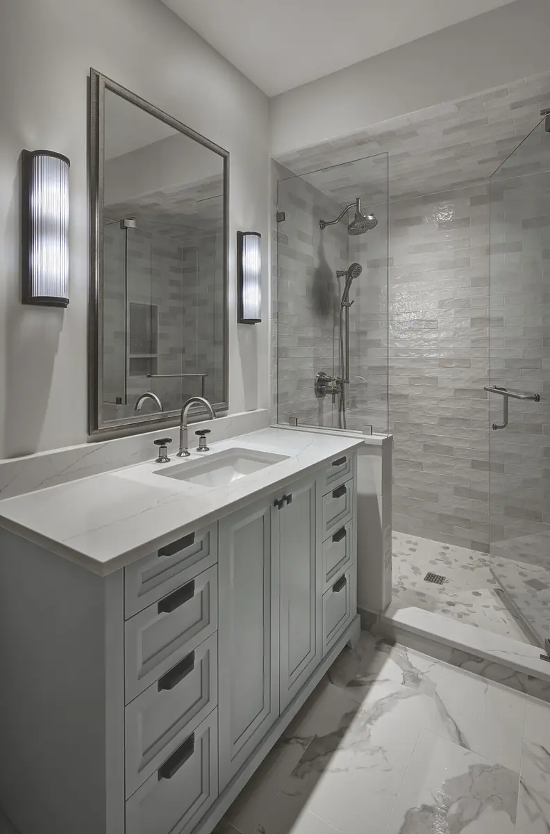 Bathroom with gray vanity, white countertop, glass shower, large mirror, and wall sconces.