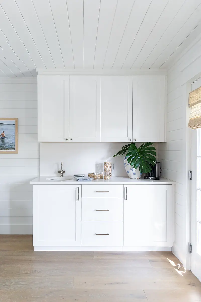 Butler's pantry with white cabinets, countertop, sink, decorative plant, and coffee maker with natural light