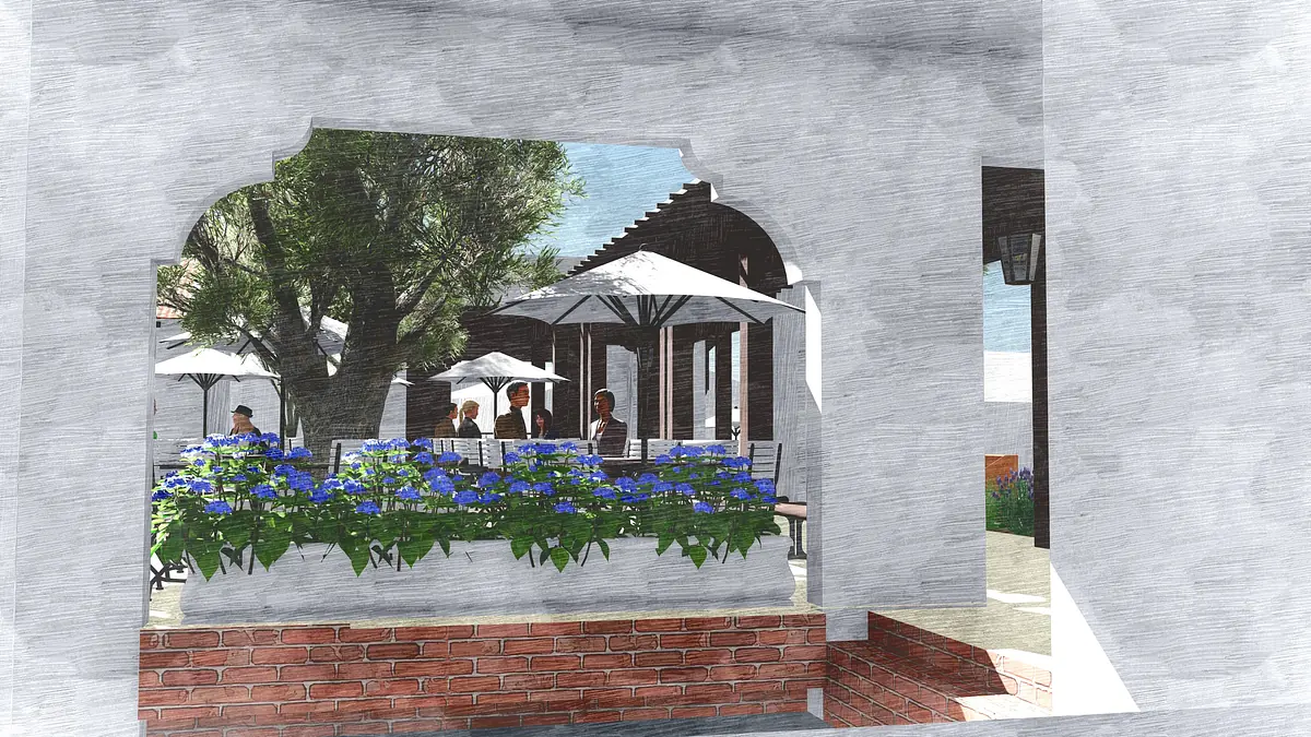 Patio with seating arrangement, large umbrellas, flower bed with blue flowers, and olive trees.