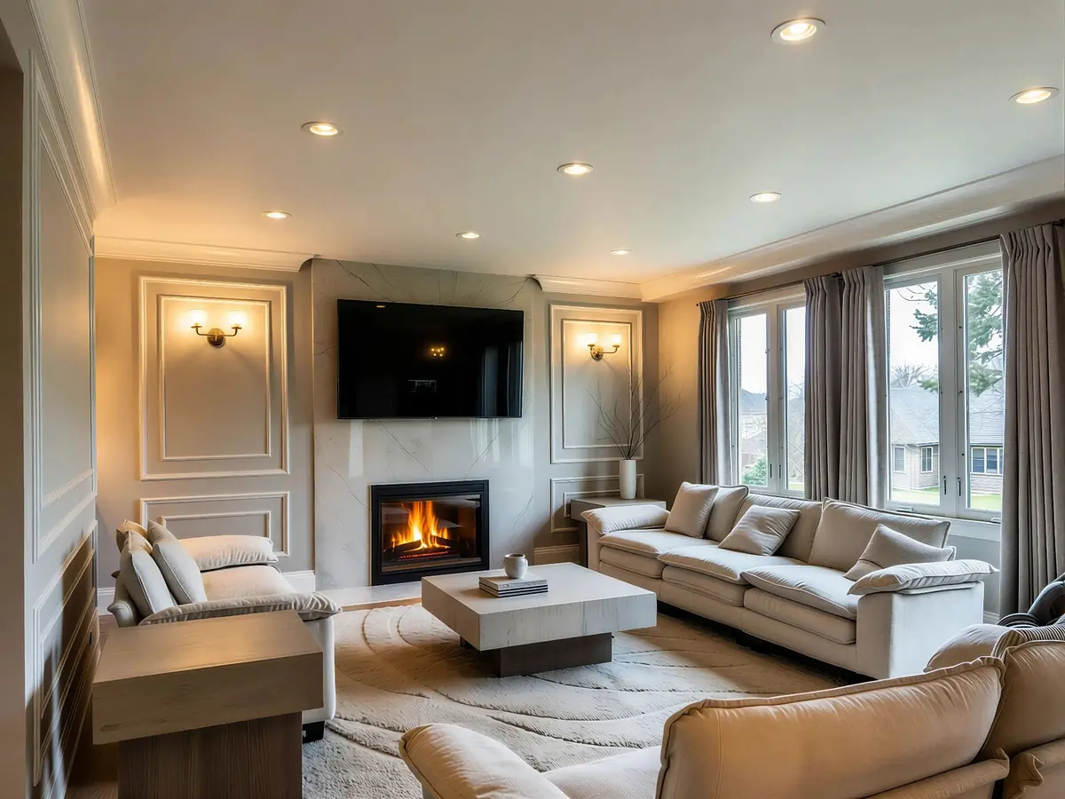Living room with sectional sofa, coffee table, area rug, wall-mounted TV, and fireplace.