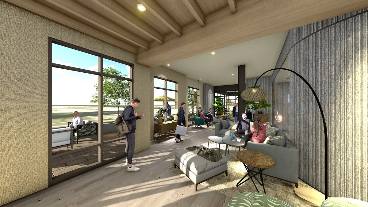 Living room with gray sofas, light wood tables, large windows, and several people interacting.