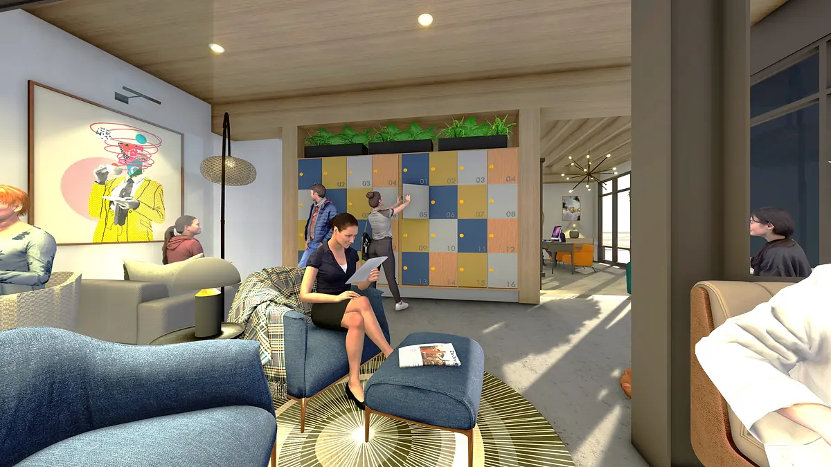 Open layout with seating area, colorful lockers, wooden beams, and artwork on the walls.