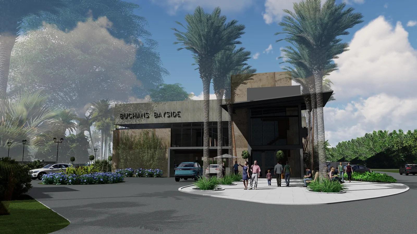 Exterior front view of 'Buchan's Bayside' building with modern architecture, palm trees, and paved entrance.
