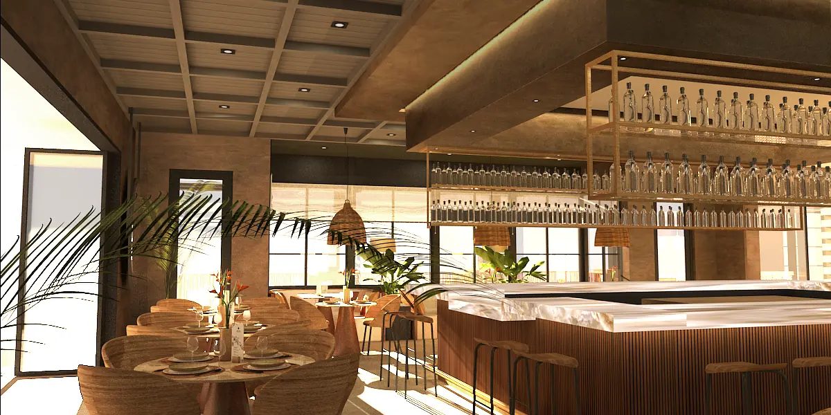 Dining room with long wooden table, wicker chairs, plants, and bar counter with glass rack under grid ceiling