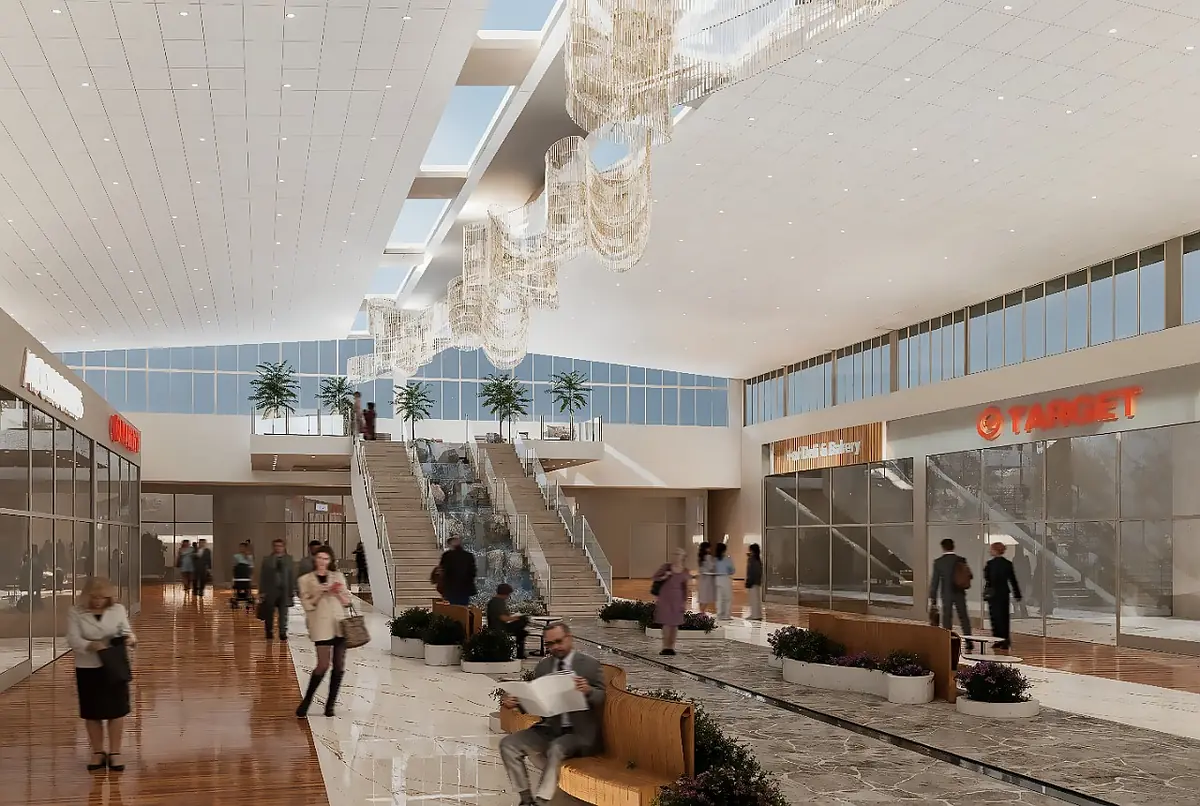 Commercial space with large windows, seating areas, plants, staircase, and visible storefronts including Target.