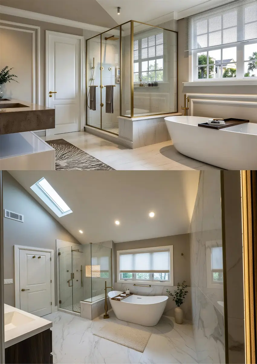 Bathroom with glass-enclosed shower, freestanding tub, dual vanities, and marble flooring.