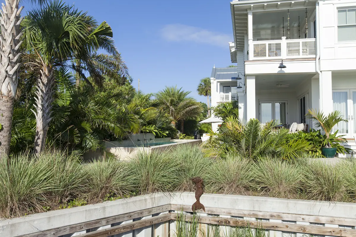 Exterior rear view with white house, patio doors, palm trees, shrubs, and a small pool.