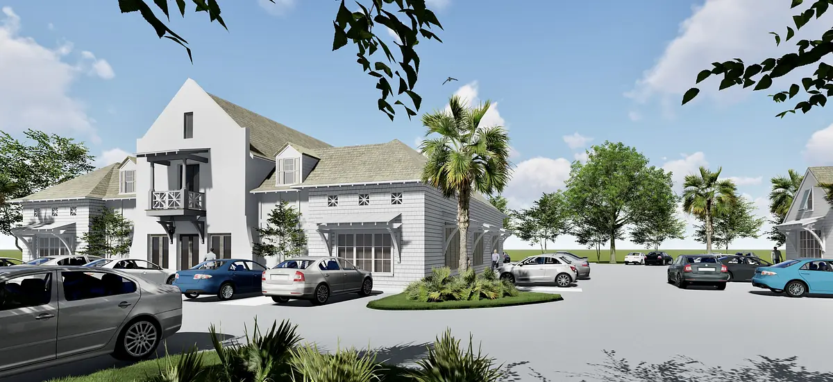 Exterior front view of multi-story building with landscaped parking area and palm trees.