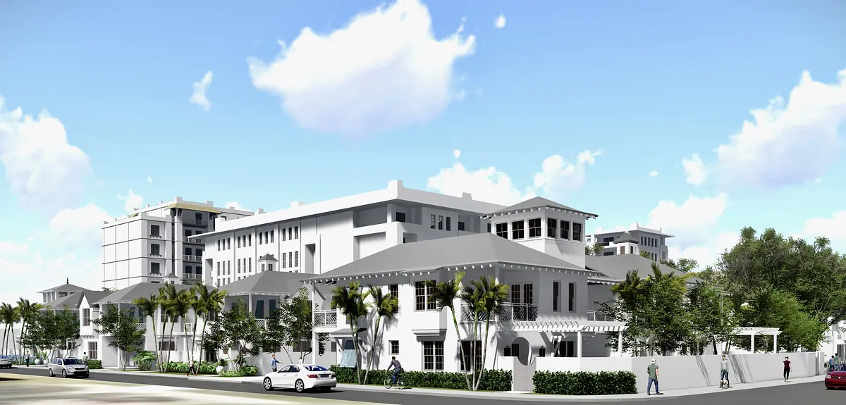 Exterior view of a multi-story building with palm trees, balconies, and a pergola entrance.