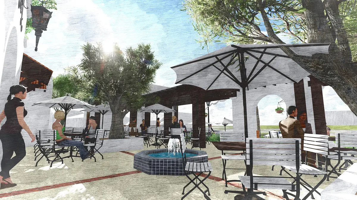 Outdoor patio with metal tables, umbrellas, stone fountain, trees, and arched wall openings.