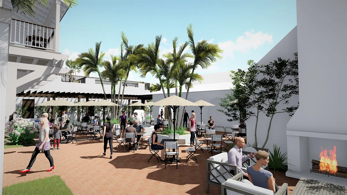 Outdoor patio with tables, chairs, umbrellas, palm trees, and a fireplace against a white wall.