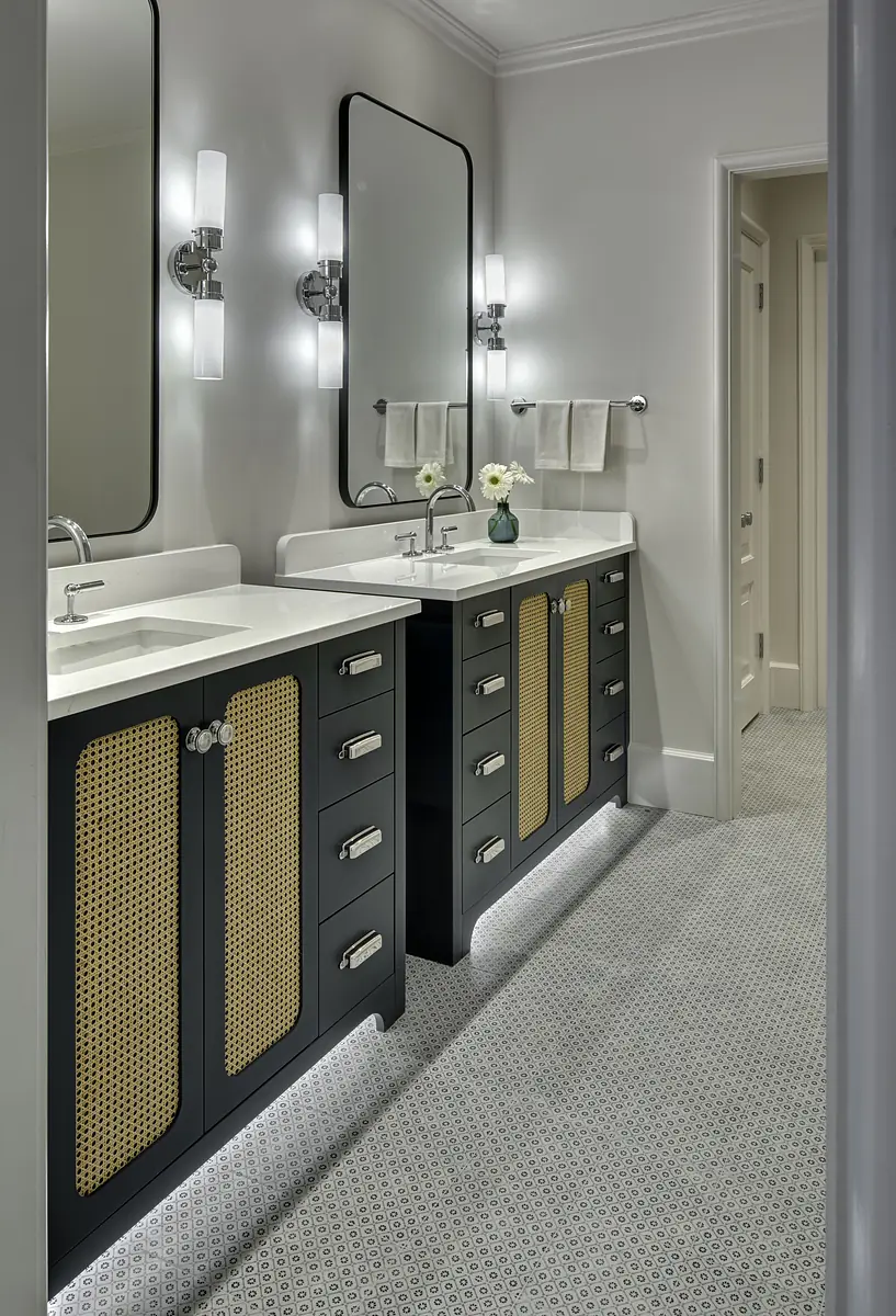 Bathroom with double vanity, black cabinets, dual sinks, large mirrors, and patterned tile flooring.