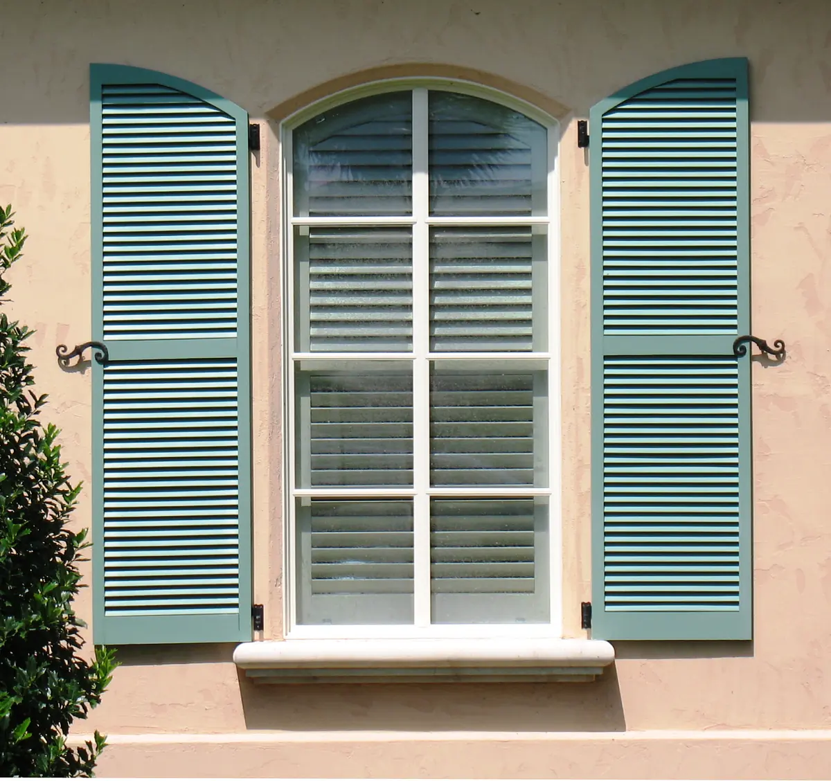 Exterior front view with white window, blue shutters, decorative hinges, and a surrounding shrub.