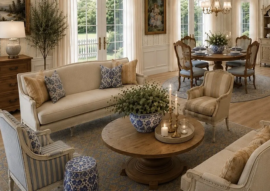 Living room with sofa, armchair, coffee table, plants, and dining area with round table and chairs.