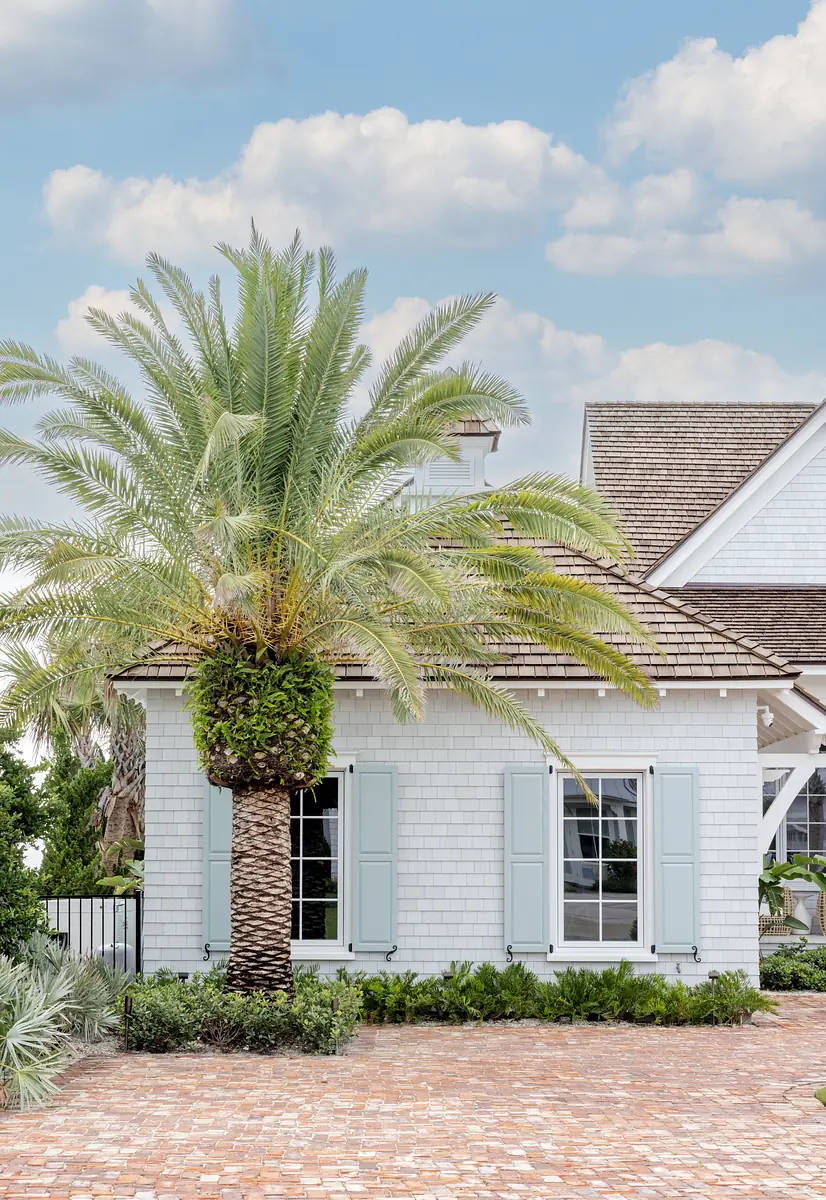Exterior front of a house with light blue shutters, palm tree, brick pathway, and surrounding greenery.