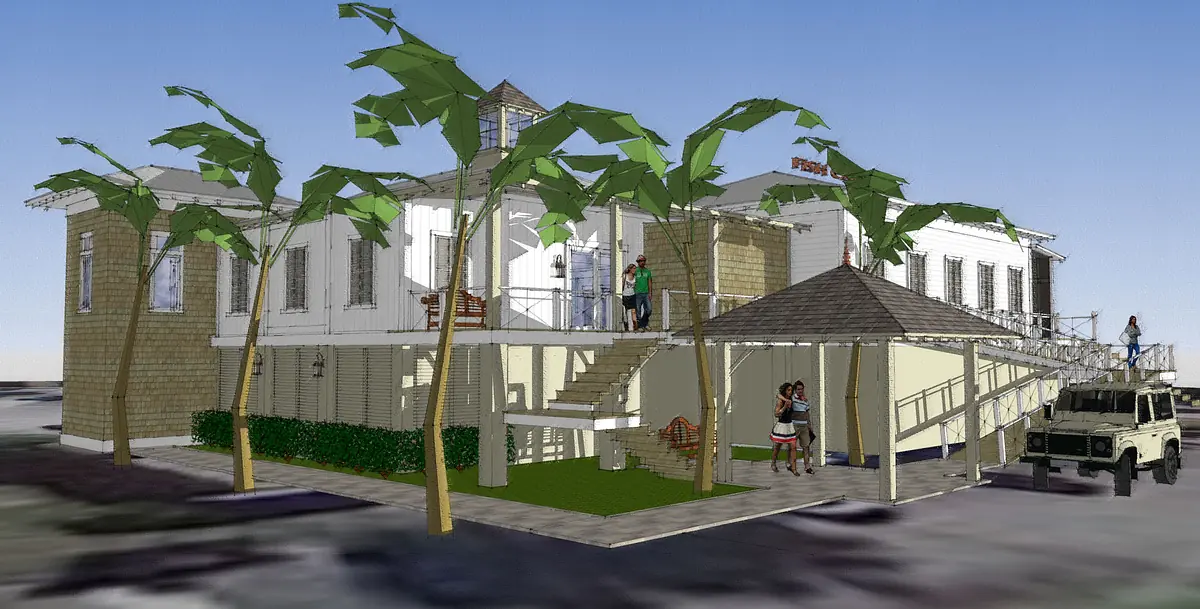 Exterior front view of a multi-story building with porch, staircase, palm trees, and a parked vehicle.