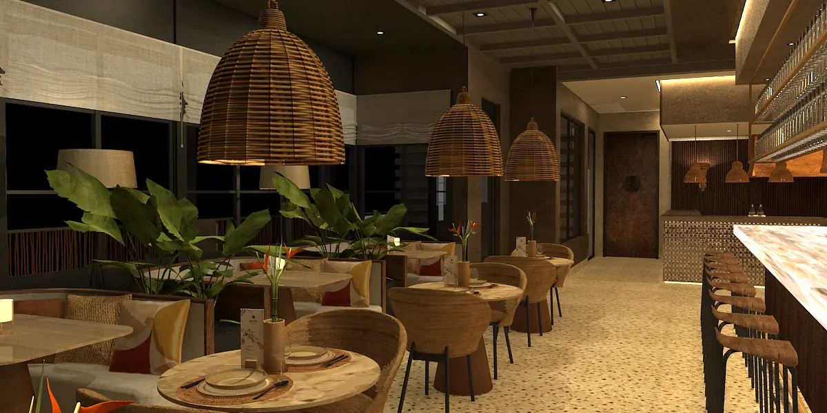 Dining room with round wooden tables, chairs, bar area, pendant lights, potted plants, and textured tile floor