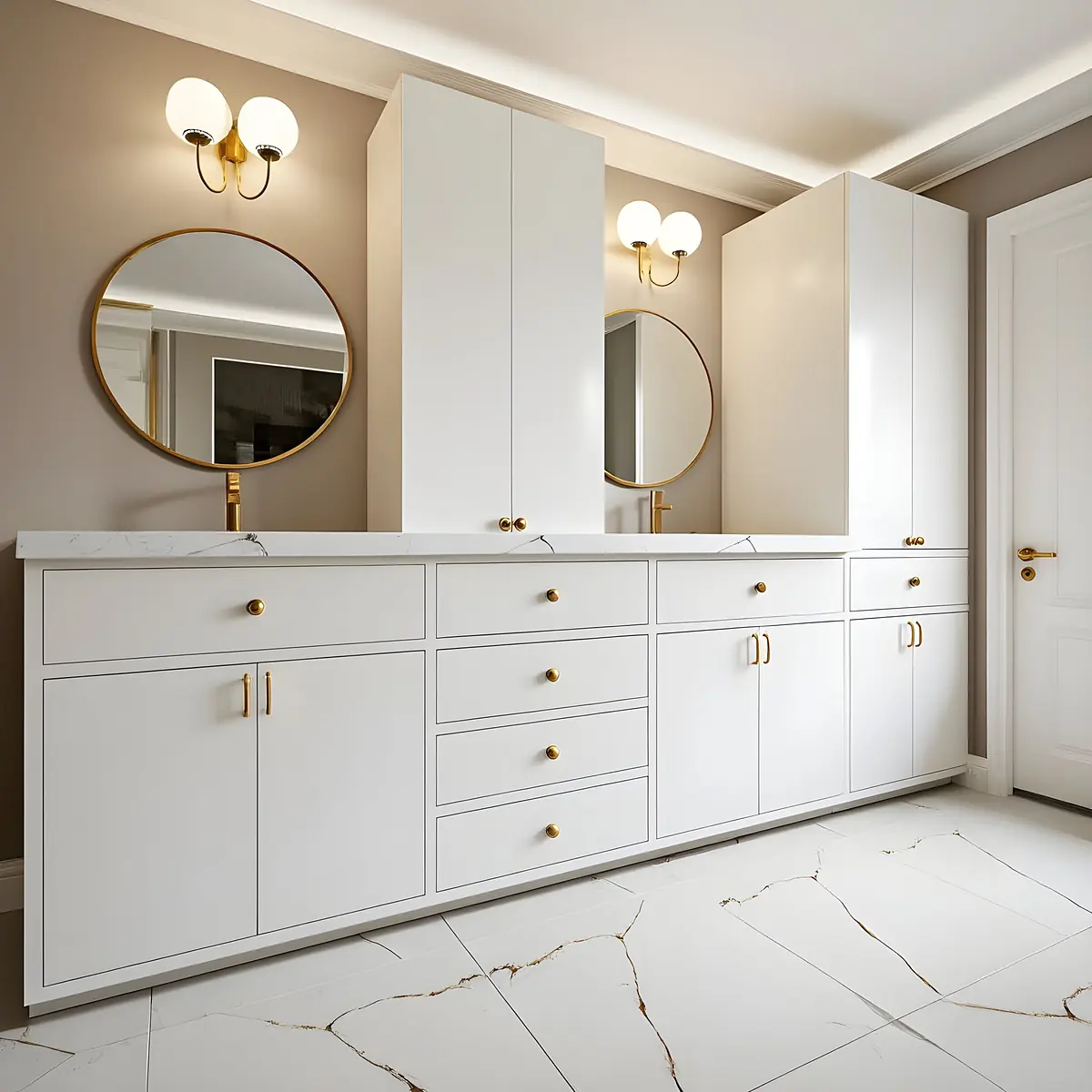 Bathroom with double vanity, gold hardware, round mirrors, and marble floor with wall sconces.