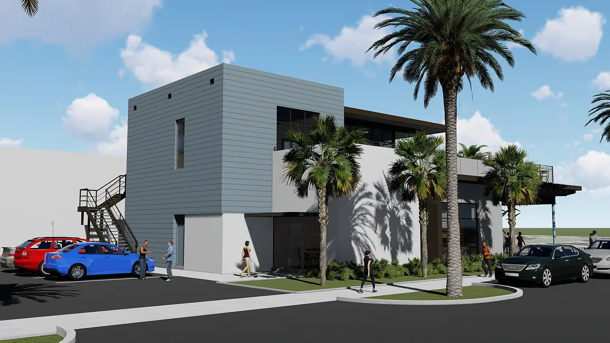 Two-story building exterior with grey siding, large windows, palm trees, and a staircase.