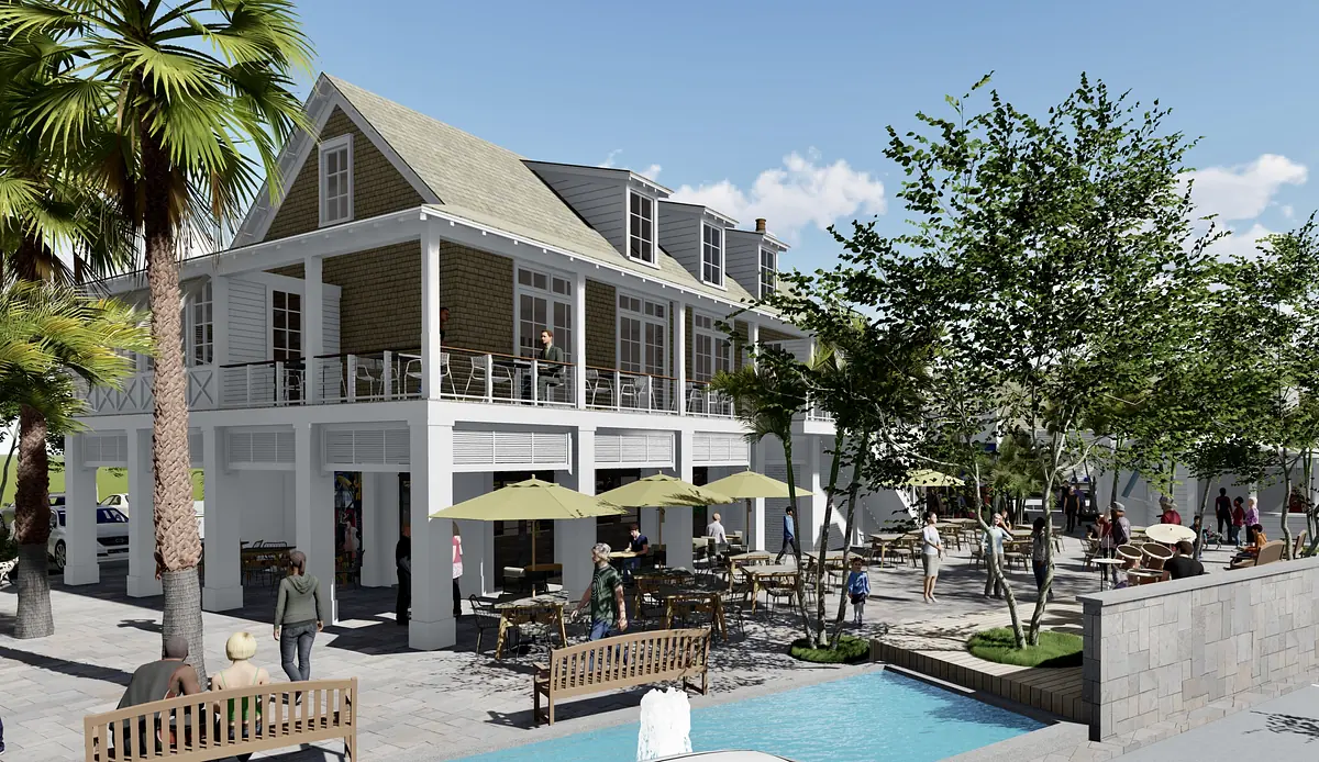 Exterior front view with porch, seating, pool, palm trees, and landscaped gardens.