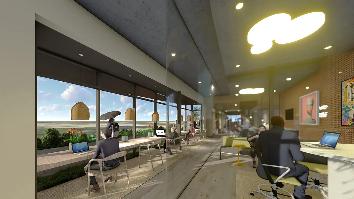 Office space with workstations, natural light, wooden paneling, and decorative plants.