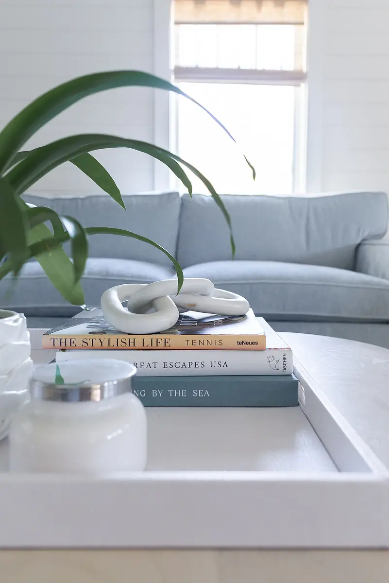 Living room with light blue sofa, white coffee table, decorative tray, books, and windows for natural light.
